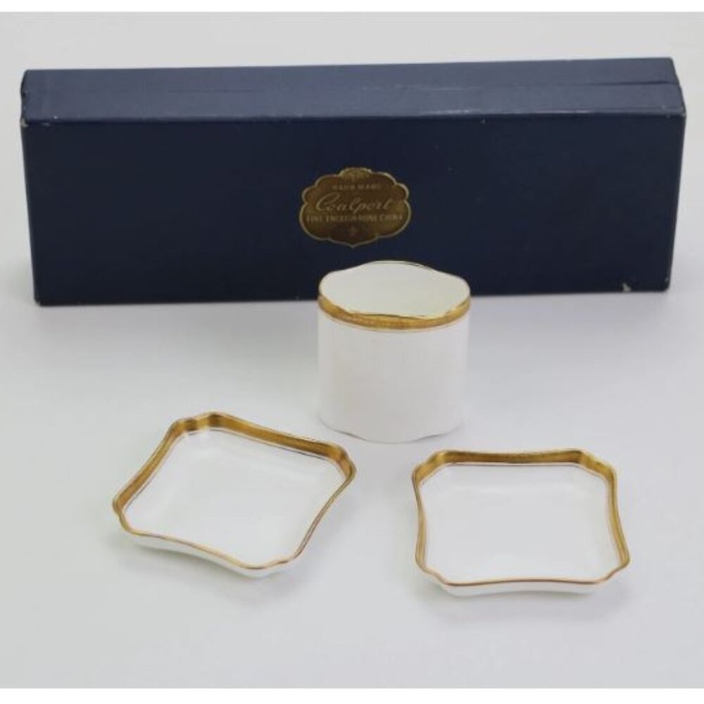 Coalport Elite Gold Bone China Set Made in England Cigarette Holder Two Ashtrays